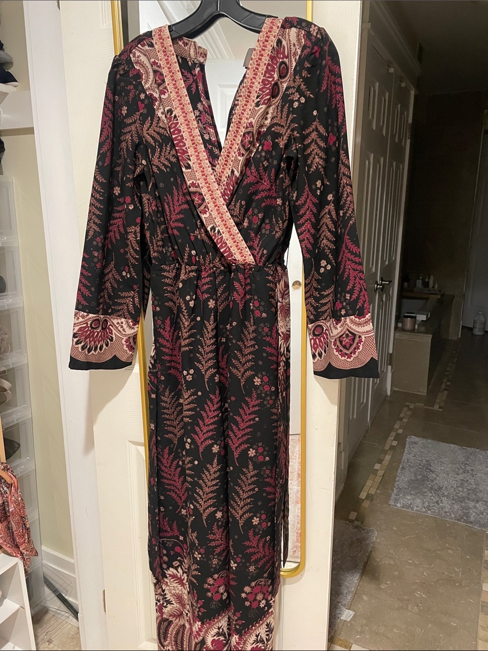 Bohemian Floral Wrap Jumpsuit in Black and Burgundy - Picture 2 of 3